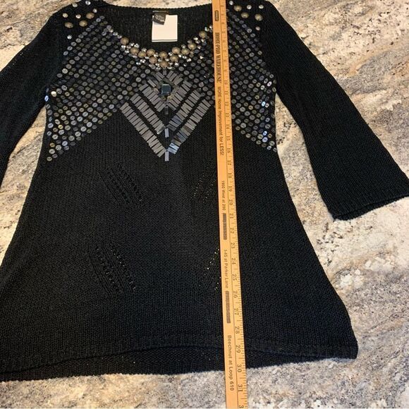 BCBGMAXAZRIA Black Knit V Neck Sweater Embellished Silver Studs & Sequins Large - Picture 9 of 9